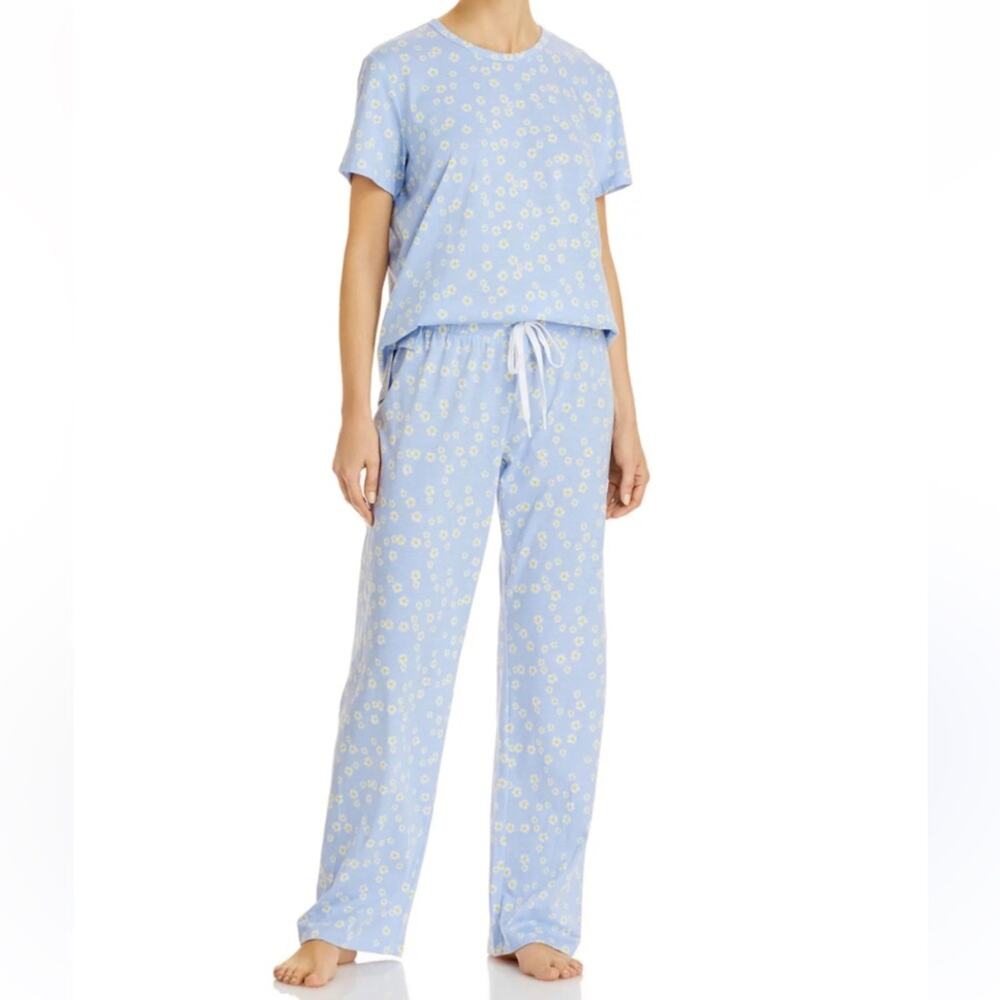 Aqua Light Blue Daisy-Print Pajama Set